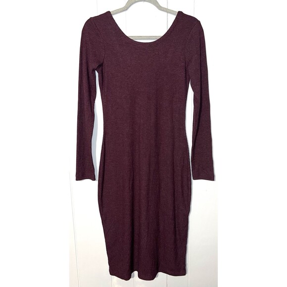 Chaser Burgundy Long Sleeve Ribbed Dress Open Back Round Neck - Size Small - Picture 1 of 8